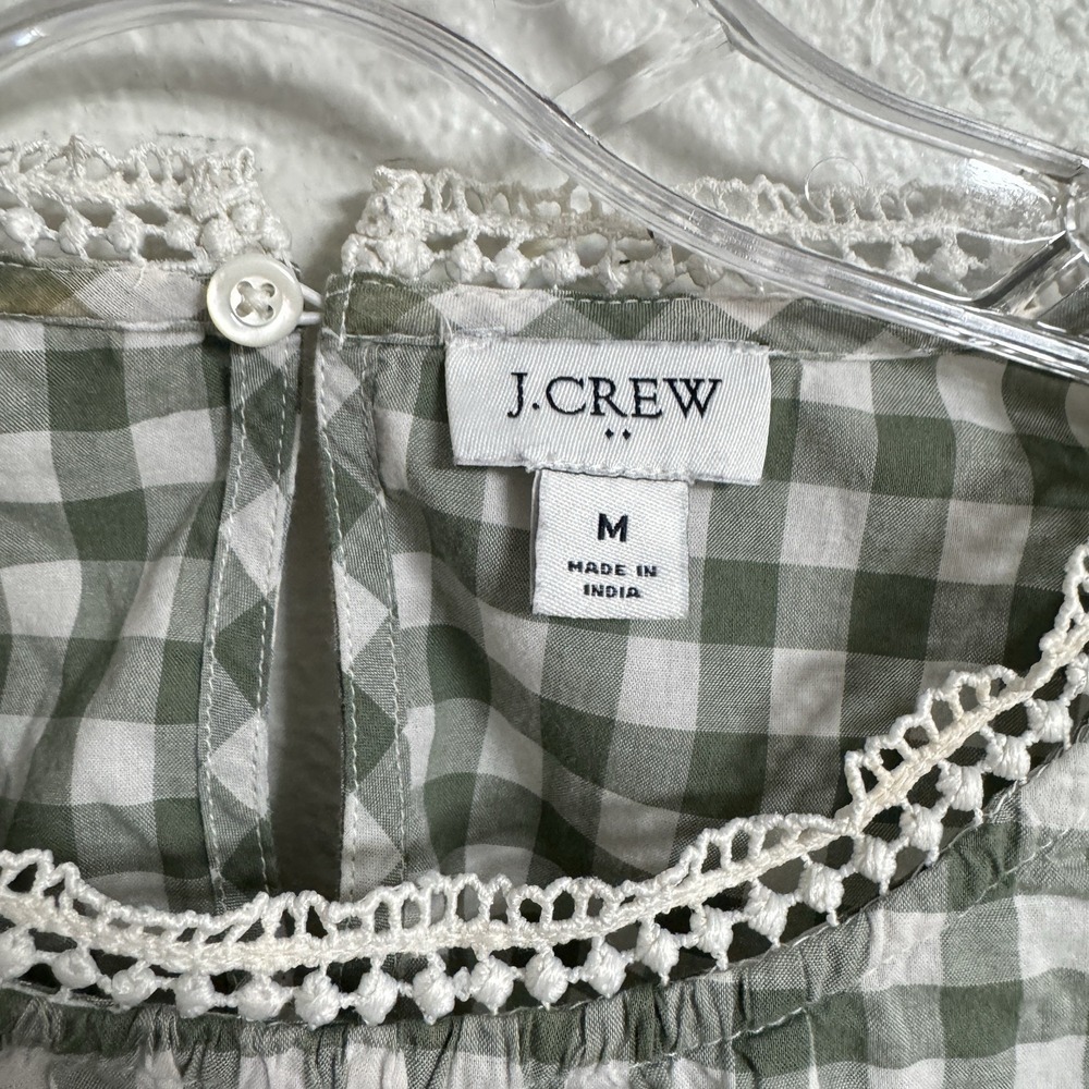 J Crew Blouse Womens Medium Green Gingham Lace Ruffle‎ Preppy Coastal Classic - Picture 2 of 9
